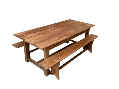 Lot 1129 - Antique French oak farmhouse table, plank top over side drawer on square section supports, united by an H-shaped stretcher, 201cm long x 90cm deep x 75cm high, together with a pair of benches
