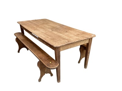 Lot 1130 - 19th century French sycamore farmhouse table, with canted rectangular top on square tapered legs, 195cm wide x 87cm deep x 74cm high, together with an en-suite pair of benches