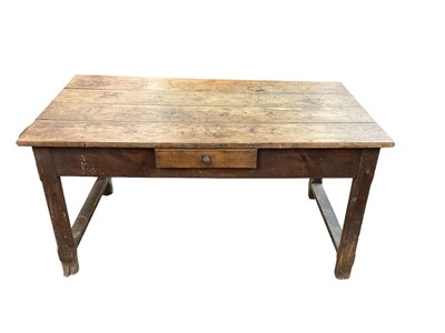 Lot 1132 - 19th century French oak and ash farmhouse table, plank top over side drawer on square supports and H-shaped stretcher, 150cm long x 80cm deep x 76cm high