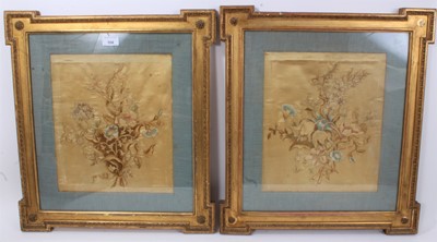 Lot 558 - Pair of Regency silk work embroidery panels, each floral garland on gold silk ground within glazed kit-kat frame, 56 x 50cm
