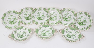Lot 17 - Mid-19th century English porcelain dessert service, including three twin-handled dishes and six plates, printed in green with a floral pattern, scalloped rim with beaded edge, pattern number 2764 i...