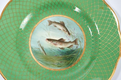 Lot 18 - Set of twelve early 20th century Spode plates decorated with fish, titled verso, on a green and gilt fish-scale ground, stamped marks, 23cm diameter