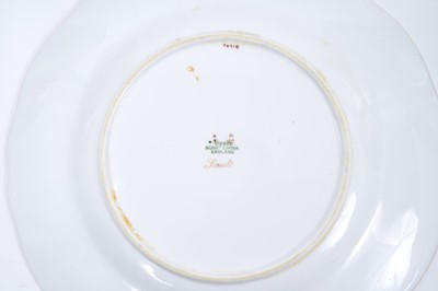 Lot 18 - Set of twelve early 20th century Spode plates decorated with fish, titled verso, on a green and gilt fish-scale ground, stamped marks, 23cm diameter