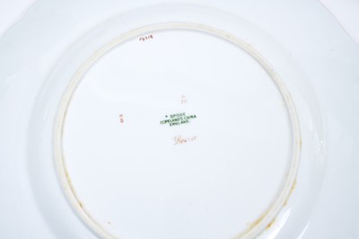 Lot 18 - Set of twelve early 20th century Spode plates decorated with fish, titled verso, on a green and gilt fish-scale ground, stamped marks, 23cm diameter