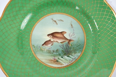 Lot 18 - Set of twelve early 20th century Spode plates decorated with fish, titled verso, on a green and gilt fish-scale ground, stamped marks, 23cm diameter
