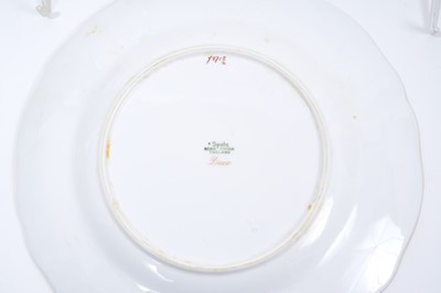 Lot 18 - Set of twelve early 20th century Spode plates decorated with fish, titled verso, on a green and gilt fish-scale ground, stamped marks, 23cm diameter