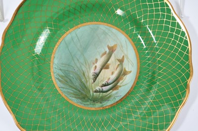 Lot 18 - Set of twelve early 20th century Spode plates decorated with fish, titled verso, on a green and gilt fish-scale ground, stamped marks, 23cm diameter