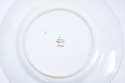 Lot 18 - Set of twelve early 20th century Spode plates decorated with fish, titled verso, on a green and gilt fish-scale ground, stamped marks, 23cm diameter