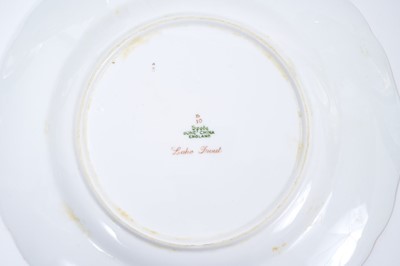 Lot 18 - Set of twelve early 20th century Spode plates decorated with fish, titled verso, on a green and gilt fish-scale ground, stamped marks, 23cm diameter