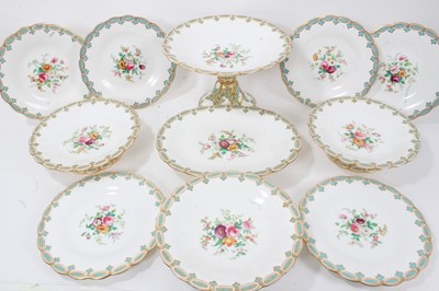 Lot 19 - Mid-19th century English porcelain dessert service, comprising sixteen plates, three footed dishes, and one centrepiece, painted with flowers on a blue and gilt fleur-de-lis border (20)