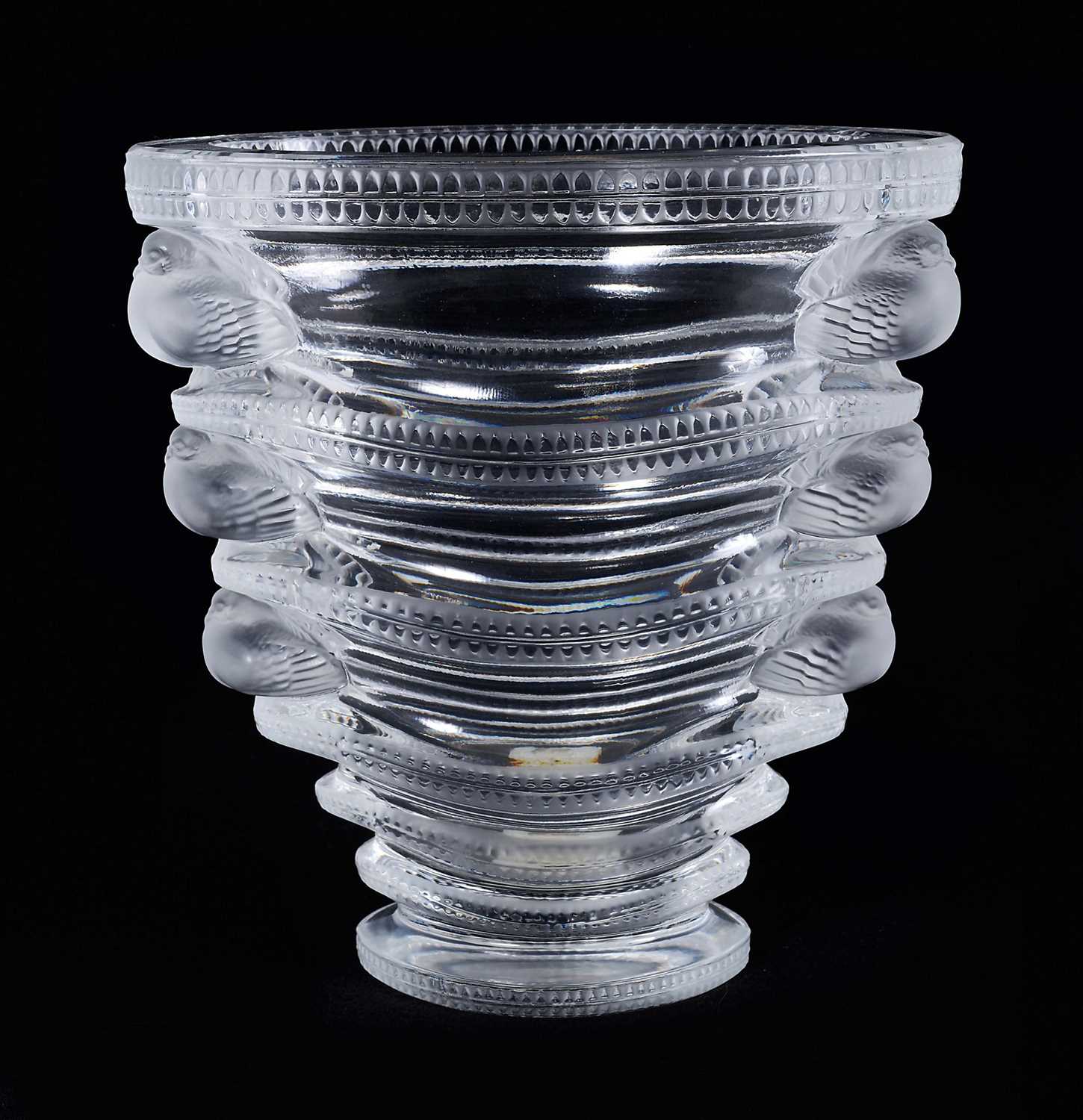 Lot 26 - Lalique 'St. Marc' vase, of tapering oval form with graduated doves to sides, etched 'Lalique France' to base, 16.75cm high