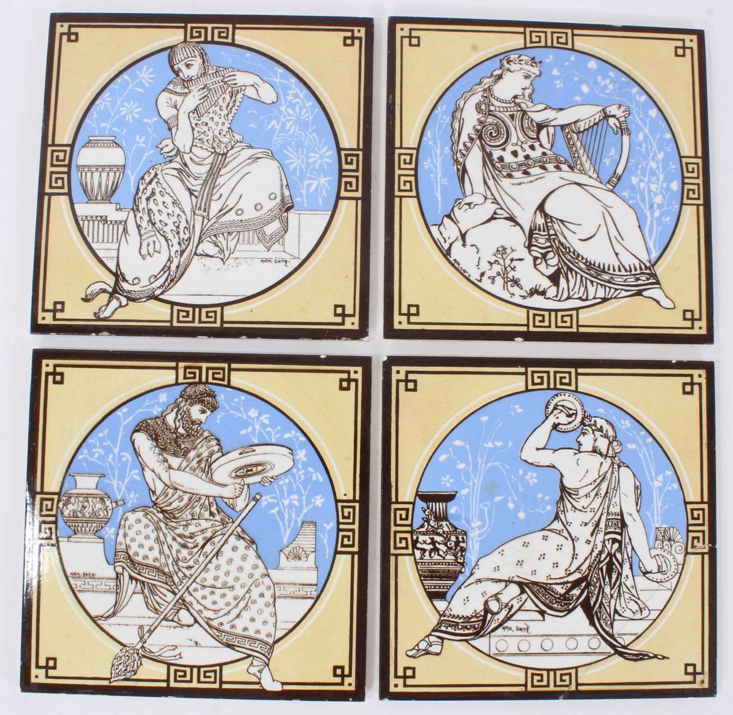 Lot 35 - Four Minton tiles designed by John Moyr Smith (1839-1912), decorated with classical musicians, 20.5cm square