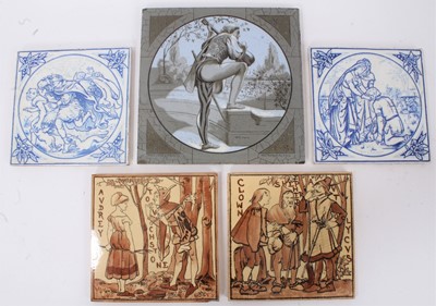 Lot 39 - Five Victorian tiles printed with scenes from Shakespeare, including a pair of Victorian Minton & Hollins tiles, entitled 'Rosalind & Orlando' and 'Calibah & His Confederates Punished', and a pair...