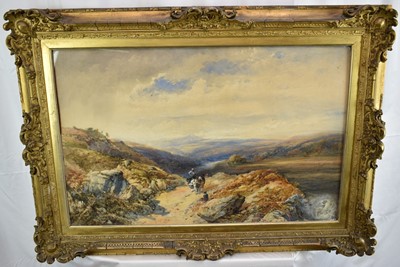Lot 895 - Attributed to Thomas Miles Richardson (1813-1890) watercolours,  An extensive hilly river landscape with travellers on a track in the foreground, in original gilt frame
