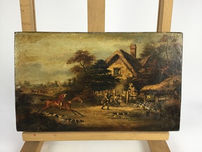 Lot 798 - English School, early 19th century, oil on panel, Hunting scene with hounds causing chaos in a farmyard, unframed, 19 x 33cm