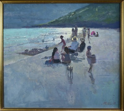 Lot 898 - Peter Z Phillips, oil on board, a summer's day at the beach, signed, in gilt frame, 44 x 49cm