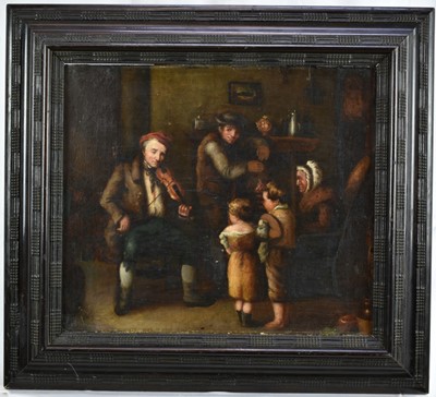 Lot 894 - Irish School, 19th century, oil on canvas, Interior scene with an old blind man playing the fiddle to generations of his family, in ebonised frame, 37 x 44cm