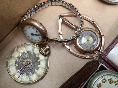 Lot 56 - Collection of vintage watches including two 1920s 9ct gold cased wristwatches, gold cased fob watch, Victorian silver pocket watches, other watches and a military Dennison compass
