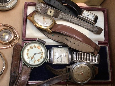 Lot 56 - Collection of vintage watches including two 1920s 9ct gold cased wristwatches, gold cased fob watch, Victorian silver pocket watches, other watches and a military Dennison compass