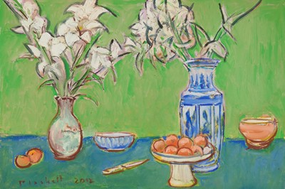 Lot 952 - Joseph Plaskett (1918-2014) oil on canvas - Still Life White Lilies & Apples, signed and dated 2012, unframed