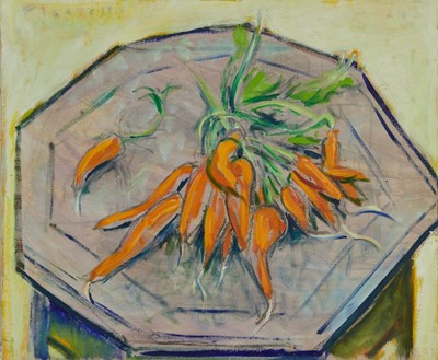 Lot 958 - Joseph Plaskett (1918-2014) oil on canvas - Still Life Carrots, signed, unframed