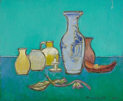 Lot 951 - Joseph Plaskett (1918-2014) oil on canvas - Still Life with Large Vase, signed and dated 2011, unframed