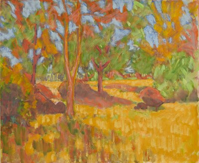 Lot 961 - Joseph Plaskett (1918-2014) oil on canvas - Trees in Landscape, unframed