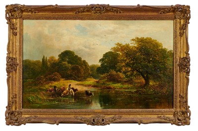 Lot 897 - George Turner (1843-1910) oil on canvas, a wooded river landscape with cattle watering in the foreground, signed, gilt frame, 45 x 75cm