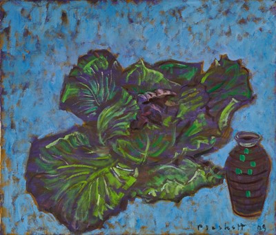 Lot 959 - Joseph Plaskett (1918-2014) oil on unstretched canvas - Cabbage and Vase, signed and dated '09, unframed