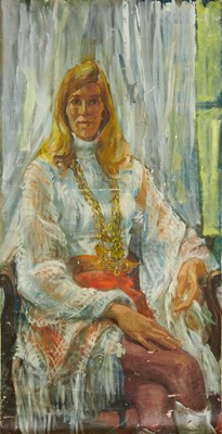 Lot 971 - Joseph Plaskett (1918-2014) oil on unstretched canvas - Portrait of a seated Lady, unsigned, unframed