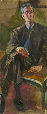 Lot 972 - Joseph Plaskett (1918-2014) oil on unstretched canvas - Portrait of a seated Gentleman, unsigned, unframed