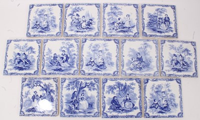 Lot 41 - Group of thirteen Victorian blue and white Minton tiles, printed with scenes in the style of Watteau, 15.25cm square