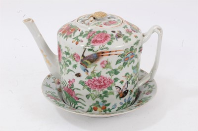 Lot 56 - 19th century Chinese Canton porcelain teapot and dish, with polychrome painted exotic birds, butterflies, fruit and flowers, teapot 15cm high, dish 20cm