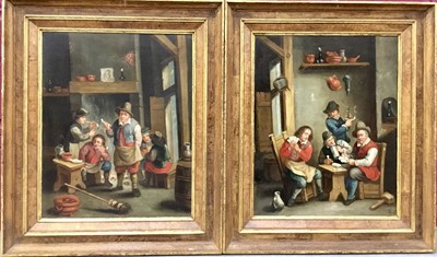 Lot 857 - Continental School, 19th century, pair of oils on canvas - Figures in Taverns, 40cm x 32cm, in walnut veneered frames