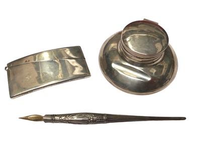 Lot 43 - Victorian silver card case, silver inkwell and a silver dip pen (3)
