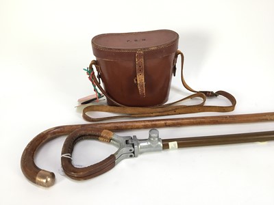 Lot 777 - 9ct gold mounted walking stick, a shooting stick and a pair of Wray London Defiant 10x35 binoculars in leather carry case