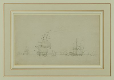 Lot 873 - Charles Brooking (1723-1759) pencil drawing - Men of War off Isle of Wight, signed, 19cm x 32cm, in glazed frame  
Exhibited: Aldeburgh Festival 1966. Bristol Art Gallery 1966.  
Provenance: Collec...