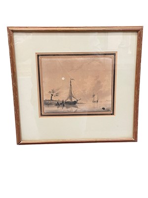Lot 874 - S. Mulman, mid 19th century, ink and monochrome wash watercolour - Fishing Boats in a Calm, signed and dated 1846, 17cm x 21cm, in glazed gilt frame