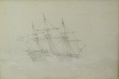 Lot 875 - English School, early 19th century, pencil sketch - The Powerful breaking into Plymouth sound, inscribed verso, 34cm x 51cm, in glazed gilt frame