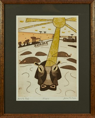 Lot 876 - *Julian Trevelyan (1910-1988) signed artists proof etching - Hippos, 50.5cm x 37cm, in glazed frame