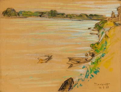 Lot 954 - Joseph Plaskett (1918-2014) pastel - boats moored up off the riverbank, signed and dated 16.7.69, 50cm x 65cm, unframed