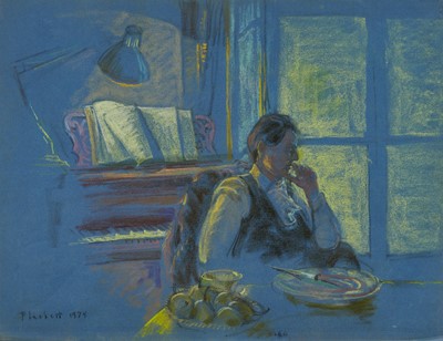 Lot 956 - Joseph Plaskett (1918-2014) pastel - Cleo and Piano/ Cleo on Blue, signed and dated 1975, 50cm x 65cm, unframed
