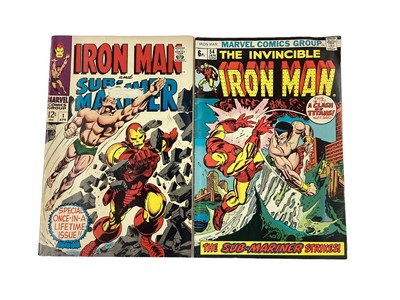 Lot 23 - Marvel Comics Iron Man and Sub Mariner #1 (1968). Pre dates both solo origin story's, priced 12 cents. Together with The Invincible Iron Man #54 (1972). First apperance of Moondragon, Priced 6p. (2...