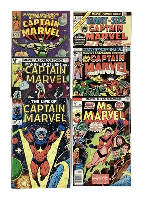 Lot 71 - Marvel Comics Captain Marvel #1 (1968). 1st solo title and 3rd apperance priced 12 cents. Together with Captain Marvel #1 (1979) and other Captain marvel comics. Also includes Ms Marvel #1 (1977) f...