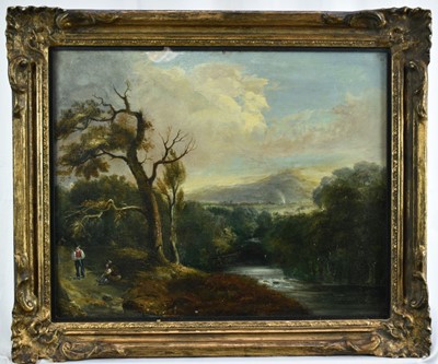 Lot 949 - Attributed to Charlotte Nasmyth (1804-1884) oil on board - Figures beside a River in Extnesive Landscape, 36cm x 45cm, in glazed gilt frame