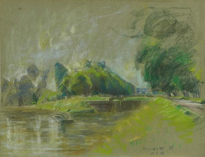 Lot 969 - Joseph Plaskett (1918-2014) pastel - Canal on the Loire, Decize, signed and dated '69, 50cm x 65cm, unframed