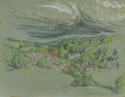 Lot 970 - Joseph Plaskett (1918-2014) pastel - Burgundy valley landscape, signed and dated '66, 50cm x 65cm, unframed