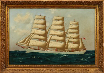 Lot 936 - English/Australian School, late 19th century, oil on canvas - The Wool Clipper, Tamar, under full sail, 51cm x 76cm, in gilt frame