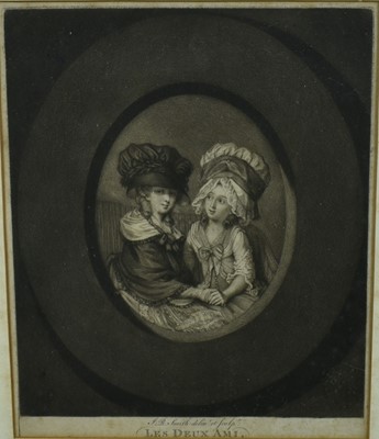 Lot 979 - 18th century black and white mezzotint by and after J. R. Smith, "Les Deux Ami", circa 1778, Mrs Smith and Mrs Prothero, 25cm x 20.5cm, in glazed gilt frame