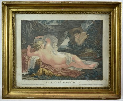 Lot 980 - Pair of 18th century French stipple engravings, part printed in colours - La Nimphe Surprise, Richardiere after Meynier and La Nimphe Blesseé, Chaponier after Vandale, published Joubert et Bance, P...